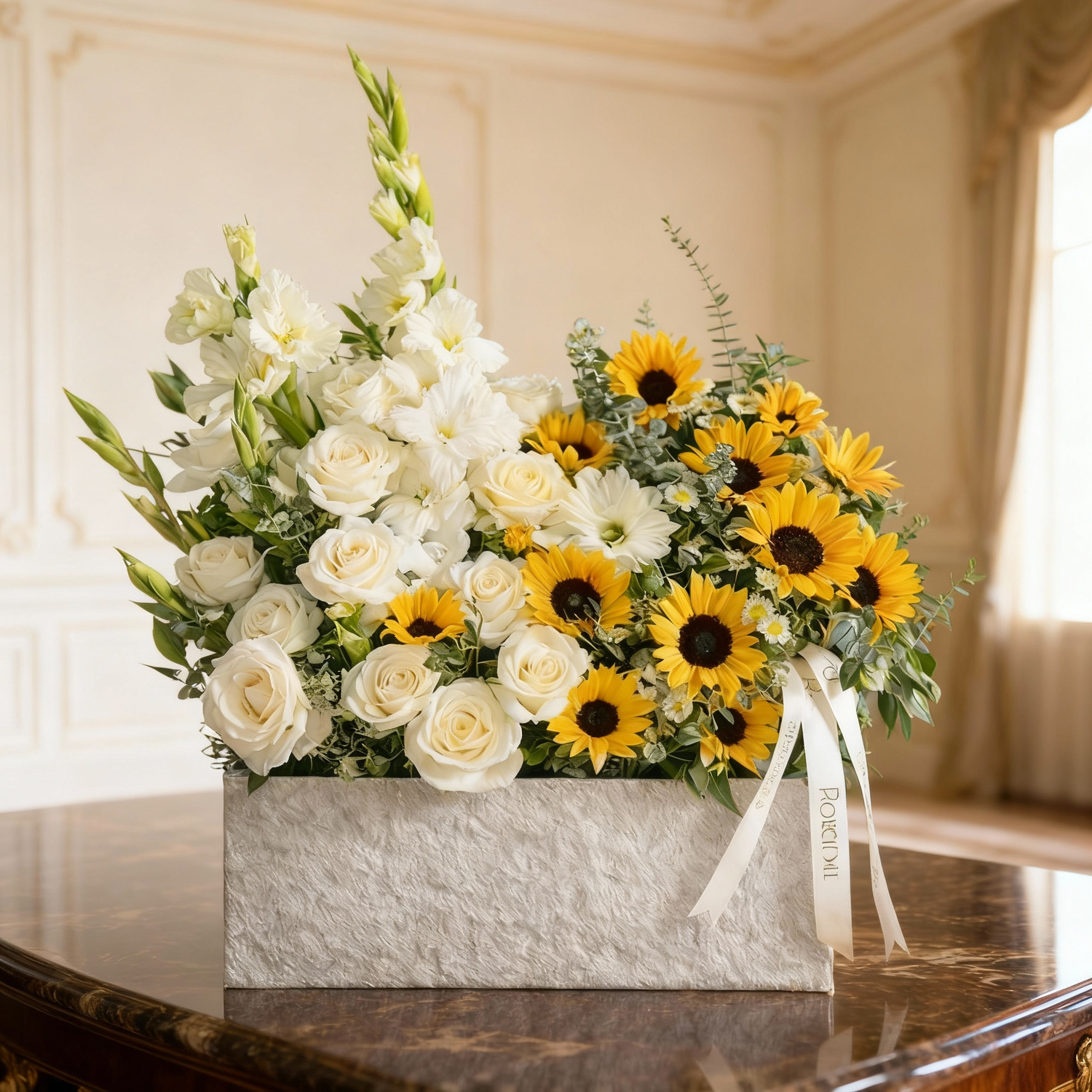 White Rose & Sunflower Harmony Arrangement - Velvet Box